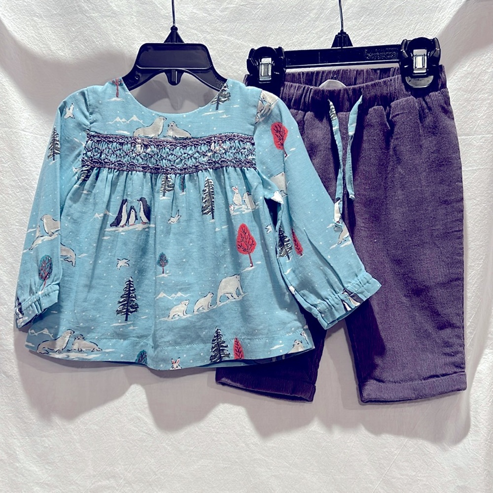 Winter matching set, smocked top and soft corduroy pant with drawstring